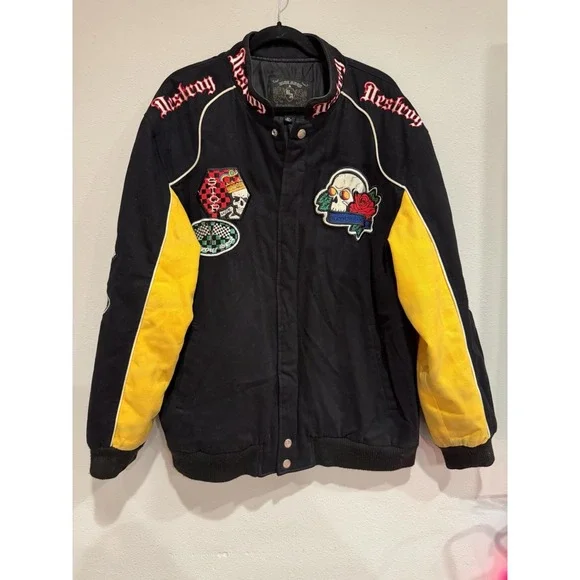 Vintage Y2K Blue Axes Snap Bomber Jacket Skulls Size XL - Picture 1 of 12